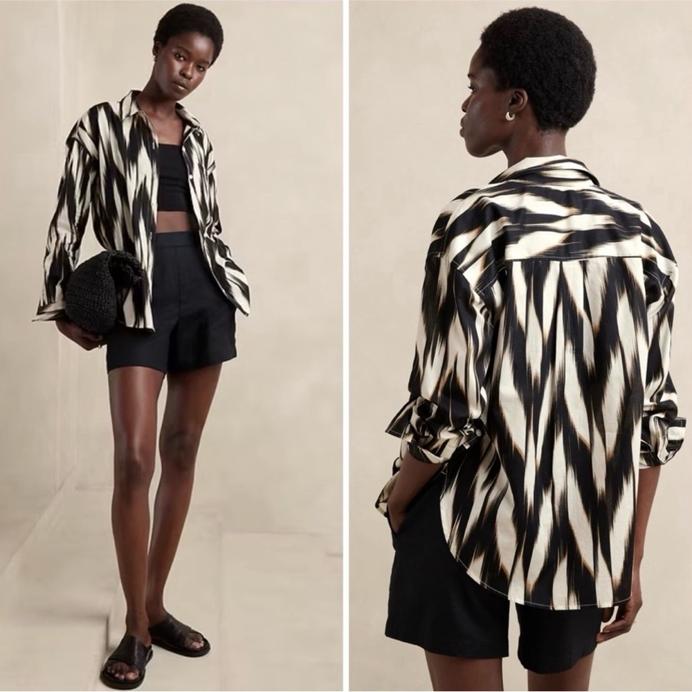 NWT Banana Republic Factory Voile Pocket Shirt Blouse Size XS Black Print